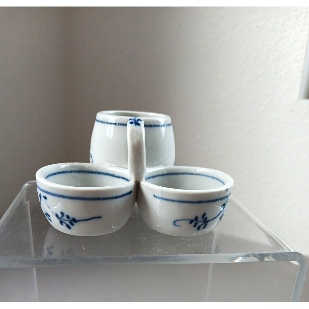 VTG German Blue White Porcelain Condiments Server Trio Handle Delft Style Floral - Picture 5 of 9